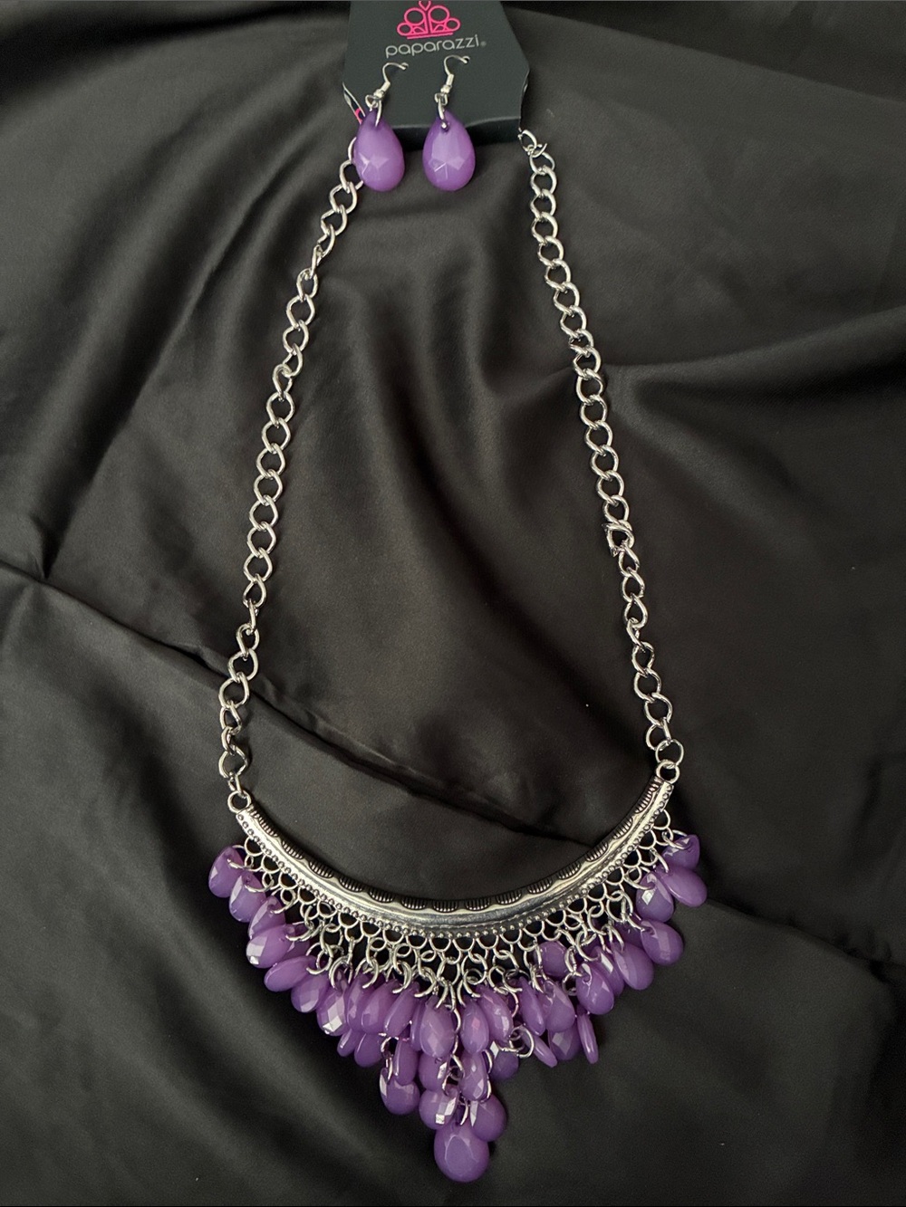 paparazzi Purple Teardrop Fringe Bib Necklace with Matching Earrings